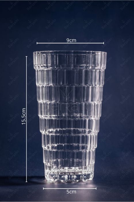 لیوان بلند کریستالین مدل LXY5009-2 با بدنه چندطبقه شیاردار و ارتفاع ۱۵.۵ سانتی‌متر در بسته ۶ تایی.